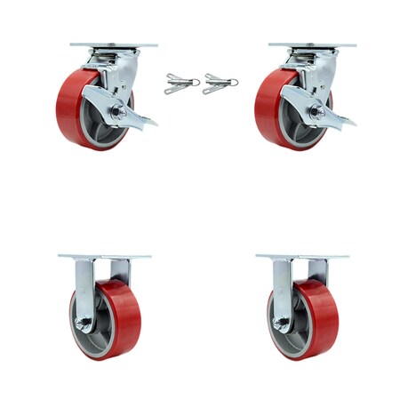 Service Caster 5 Inch Red Poly on Cast Iron Caster Set with Roller Bearings 2 Brakes 2 Rigid SCC-30CS520-PUR-RS-TLB-2-R520-2
